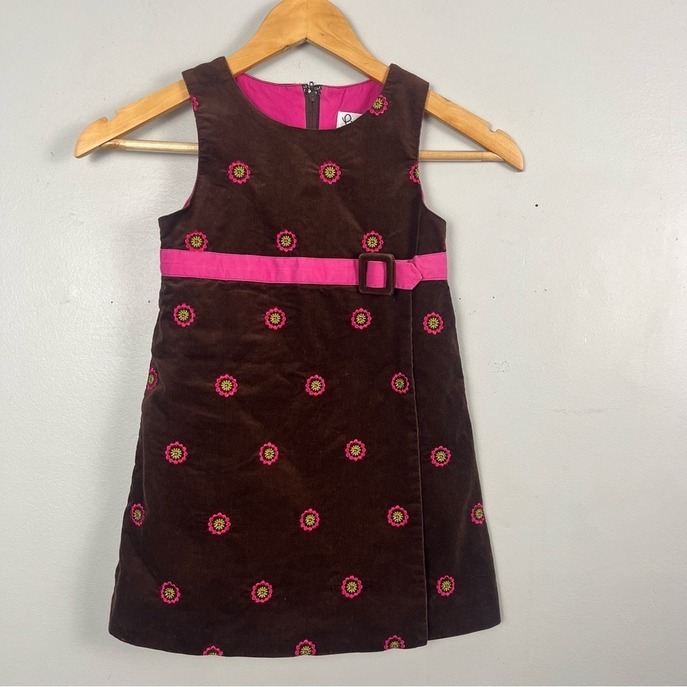 Lilly Pulitzer Girls 5 Brown Pink Floral Embroidered Belted corduroy Dress